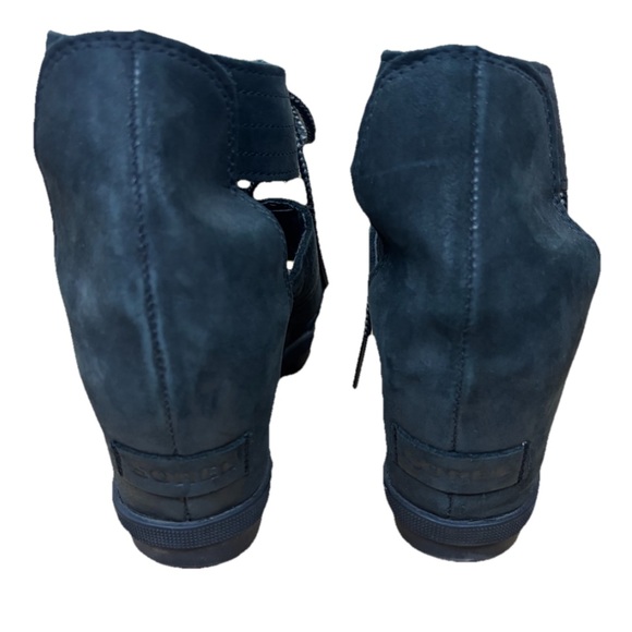 Sorel Joanie II Lace-Up Black Leather Wedge Sandals Womens Sz 10 Nubuck Leather - Picture 5 of 8